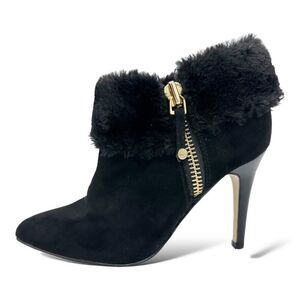 Marc Fisher Black Faux Fur Trimmed Suede Pointed Toe Stiletto Booties Shoeties 7